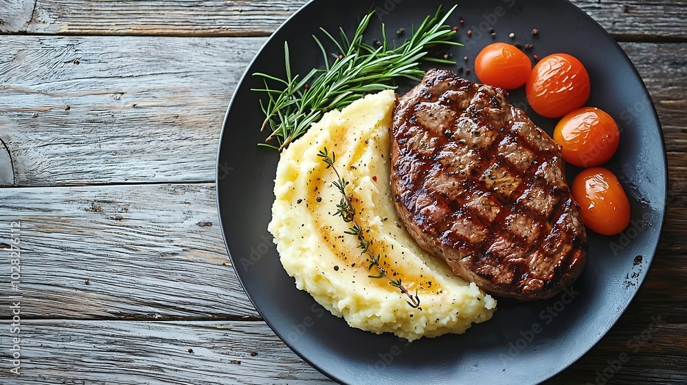 Poster beefsteak with mashed potato on a plate grey wooden background close up top view : generative ai