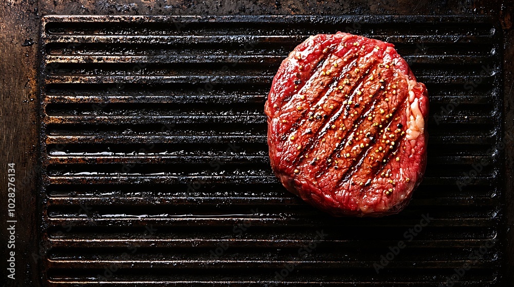 Poster beef steak on grill surface copy space top view : generative ai