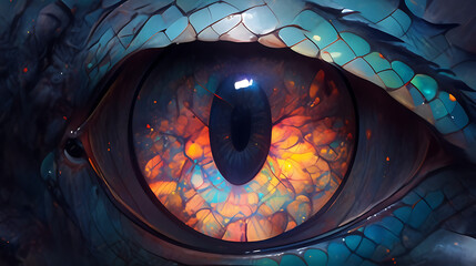 Dragon eye close-up, intricate scale detail 2d illustration