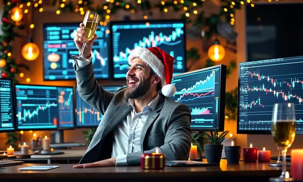 A festive trader in a Santa suit celebrates a successful bitcoin trade in a brightly decorated office with Christmas lights. Generated by AI