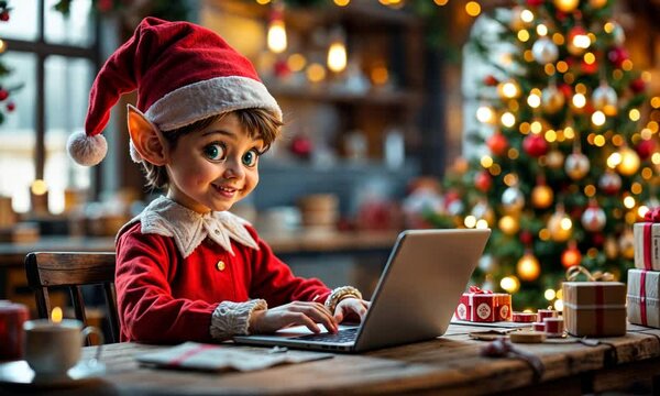 A festive elf works at his laptop in a cozy, warm room with a Christmas tree in the background, creating an atmosphere of holiday magic. Generated by AI