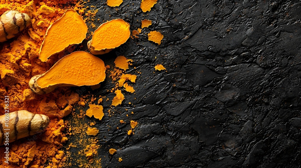 Poster fresh turmeric curcuma tumeric roots powder and dried slices dark background top view : generative a
