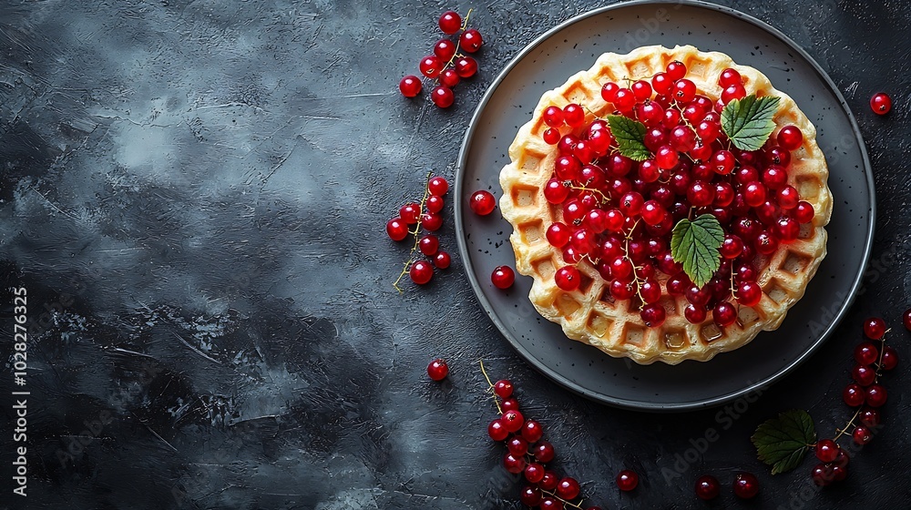 Poster belgian waffles with fresh red currant berries grey background top view : generative ai