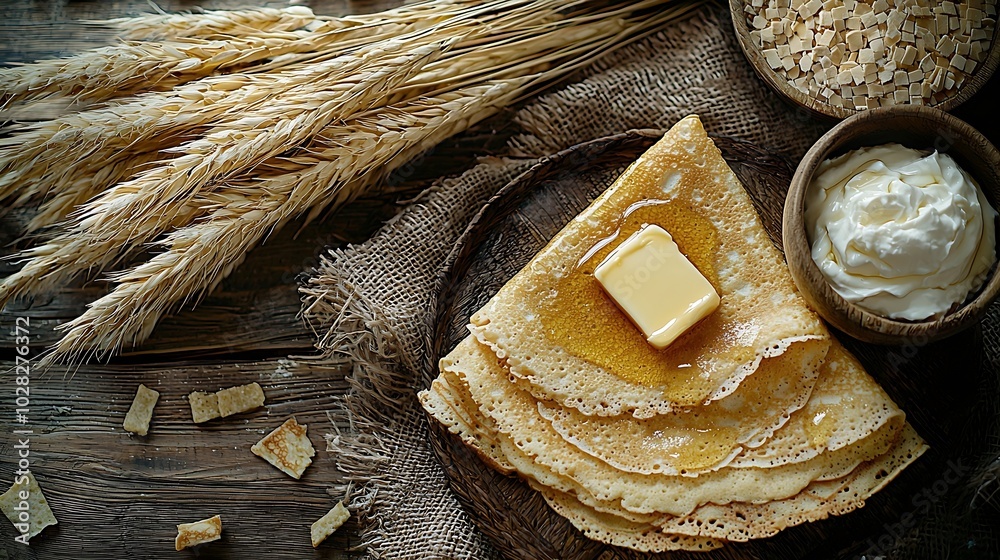 Poster Thin crepes or pancakes with butter honey and sour cream on a rustic textile background Top view : Generative AI