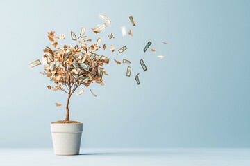 Concept of falling interest rates with a wilting money tree and descending dollar signs