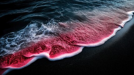 Black sand beach with pink water
