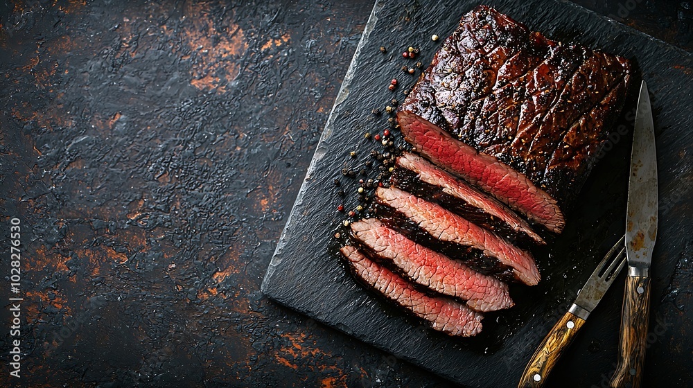 Poster roasted beef pastrami on slate cutting board top view copy space : generative ai