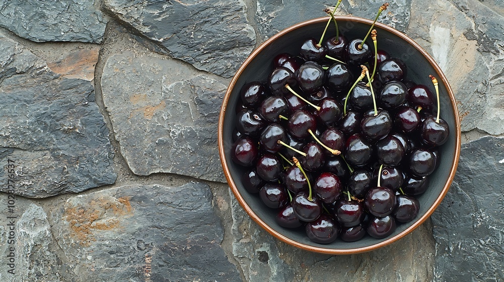 Poster fresh ripe black cherries invintage backing dish on a stone background copy space top view : generat