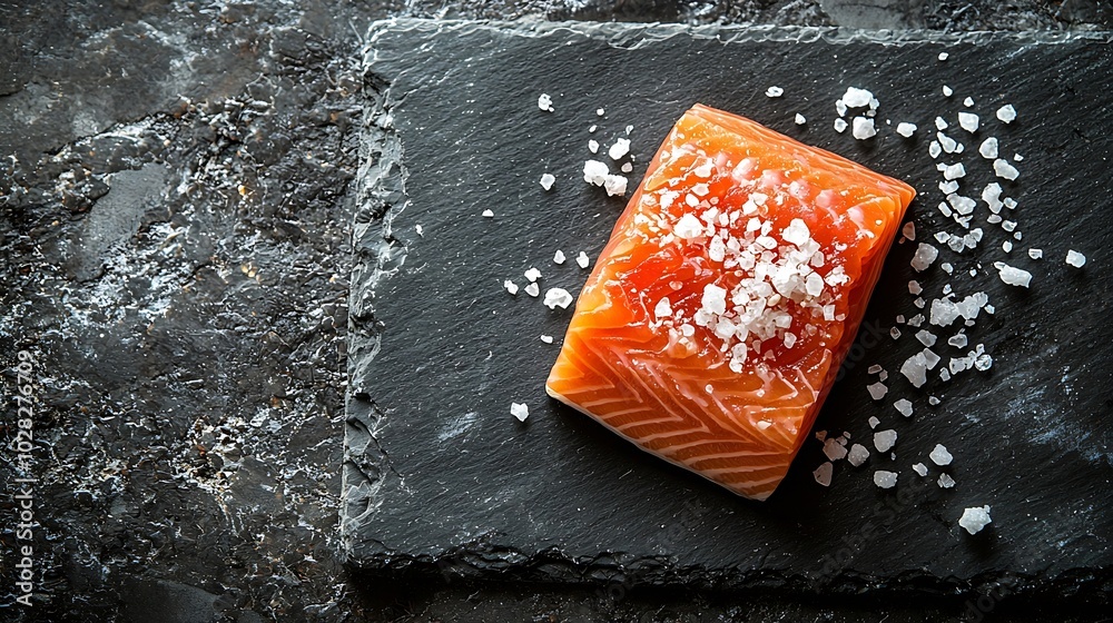 Poster salmon fillet with sea salt grey slate background copy space : generative ai