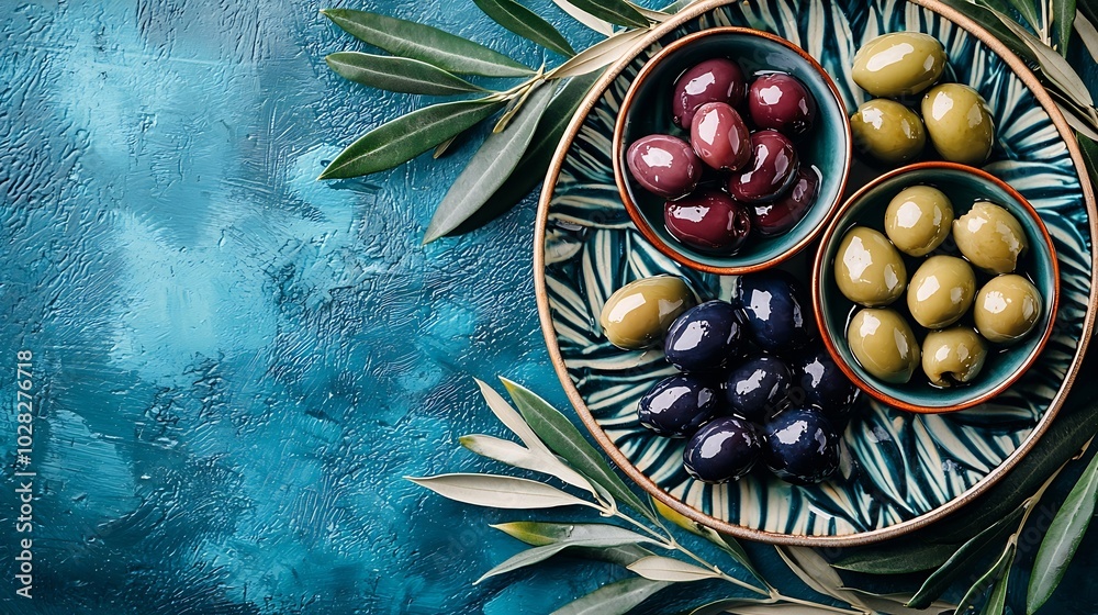 Poster assortment of fresh olives on a plate blue background close up top view : generative ai