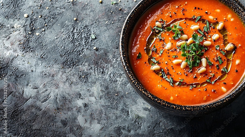 Poster tomato soup with fresh herbs and pine nuts in a bowl grey stone background close up : generative ai