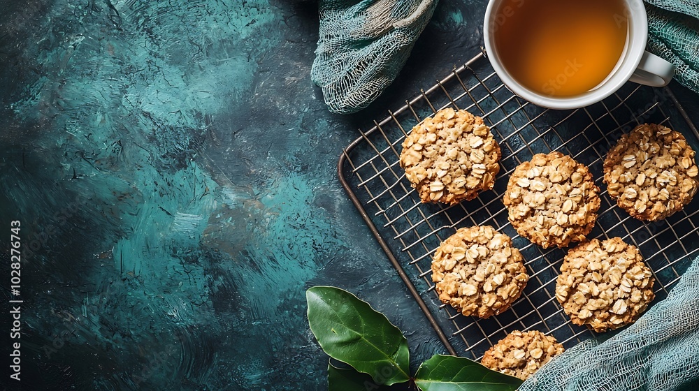 Aufkleber oat vegan cookies on cooling rack with cup of tea wooden background copy space top view : generative
