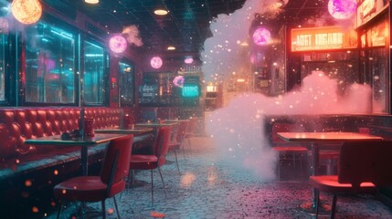 Obraz premium A Retro Diner in a Neon-lit City with Smoke and Snow