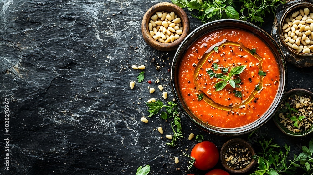 Poster tomato soup with fresh herbs and pine nuts in a bowl grey stone background top view : generative ai