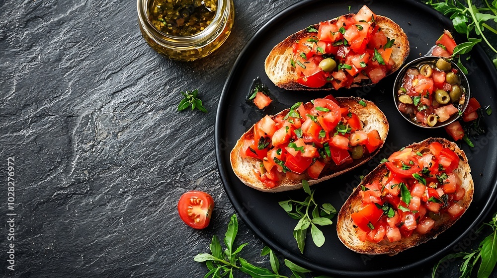Poster bruschetta with tomatoes cheese and olive tapenade on black plates grey slate background top view co