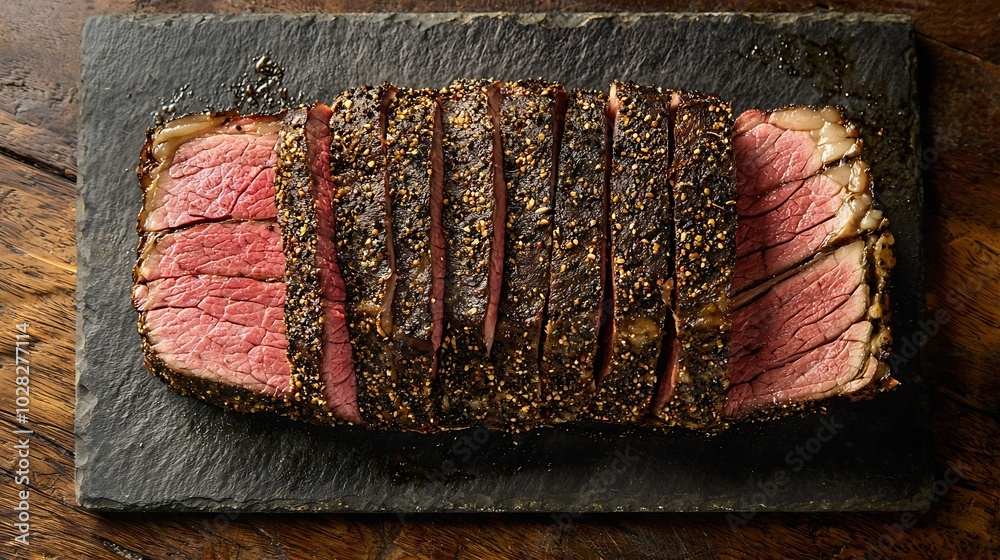 Poster roasted beef pastrami on slate cutting board top view : generative ai