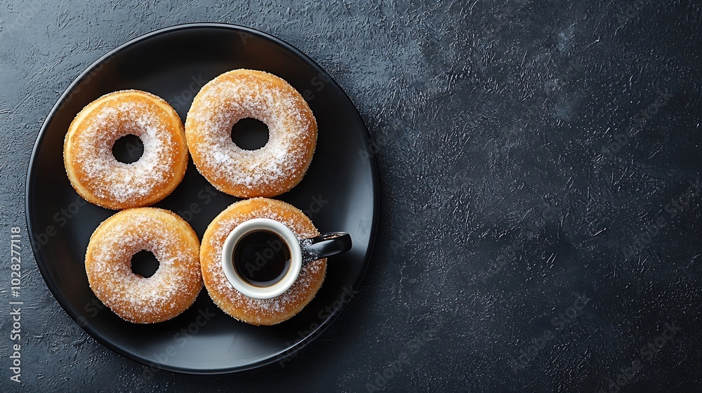 Poster donuts with sugar powder on black plate with cup of coffee espresso dark background top view : gener