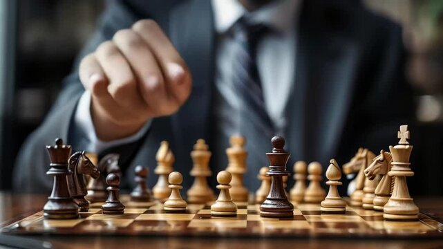 Chess Master in Competitive Tournament Strategically Moving Pieces With Intense Focus, Grandmaster Playing, 4K Video Footage