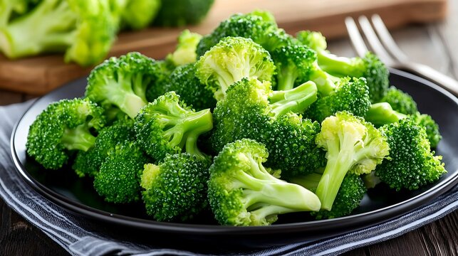Close-up of vibrant green steamed broccoli florets served on a black plate, highlighting their fresh and healthy appearance.