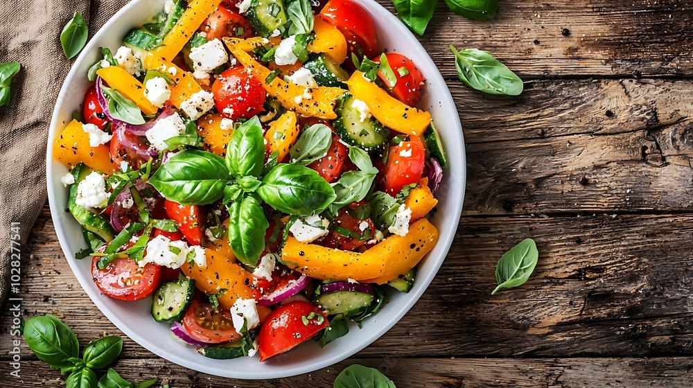 Aufkleber grilled vegetables salad with feta cheese in white plate on wooden background top view : generative 