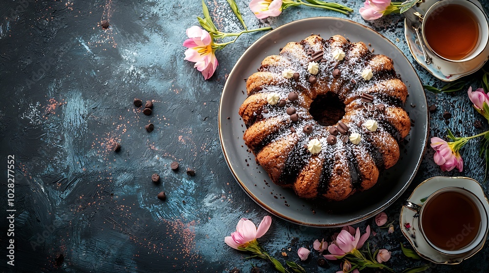 Poster chocolate marble bundt cake with a cup of tea on wooden table top view copy space : generative ai
