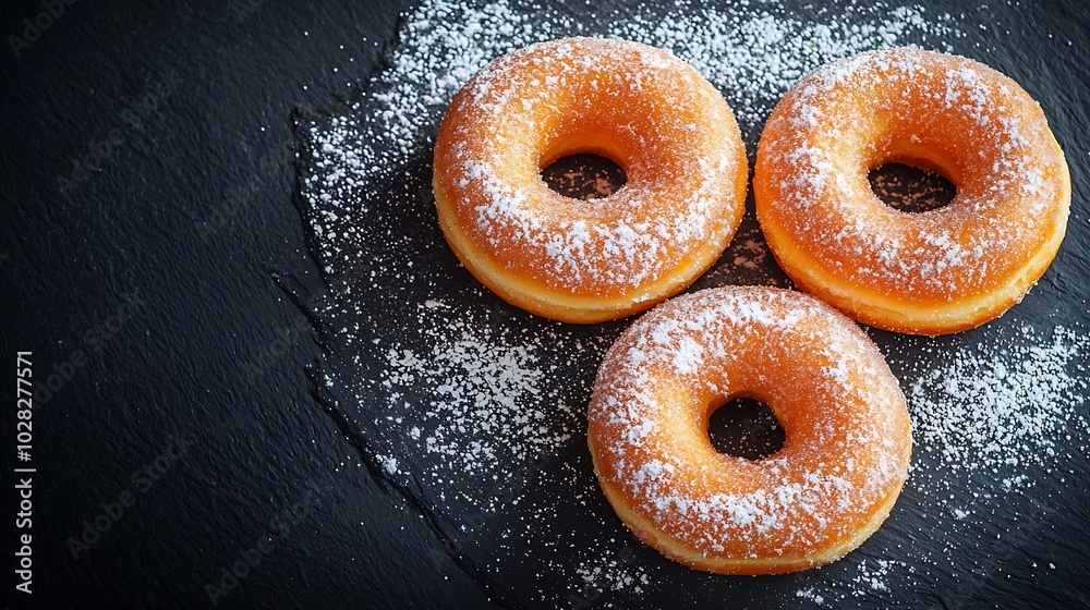 Poster donuts with sugar powder on slate board flat lay composition dark background top view : generative a