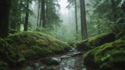 Naklejka premium A Rainy Forest Path Covered in Lush Moss