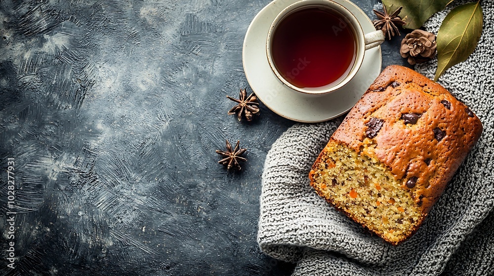 Poster banana carrot apple cake loaf with chocolate and cup of tea on grey textile background top view : ge