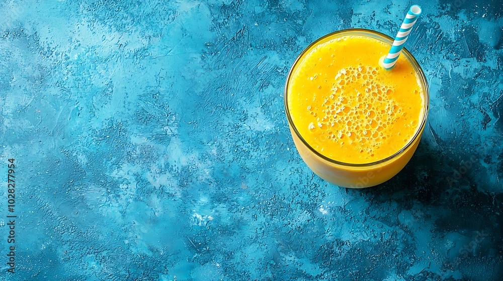 Poster Mango juice smoothie on blue background Copy space Top view : Generative AI