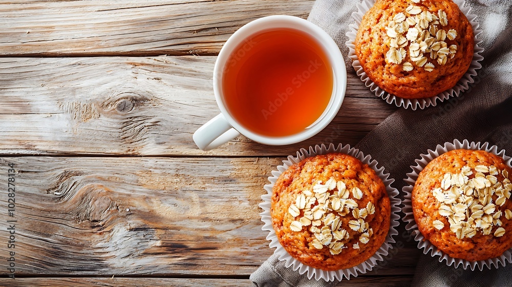 Poster carrot oat muffins cupcakes cakes with cup of tea wooden background close up top view : generative a
