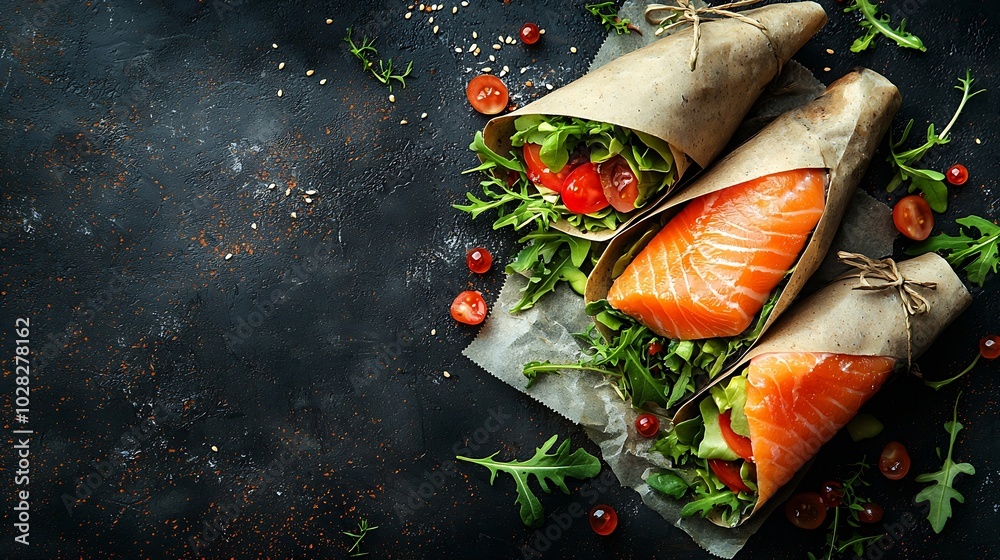Poster wrap sandwich roll with fish salmon and vegetables dark background copy space top view : generative 