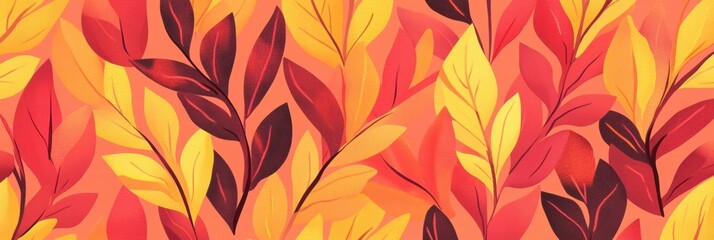 Fototapeta premium Autumn Leaves Pattern, Vibrant flat illustration featuring a repeating design of orange, red, and yellow leaves, perfect for seasonal decor.