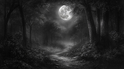 Fototapeta premium A dark path in the woods under a full moon, where every tree seems to whisper secrets.