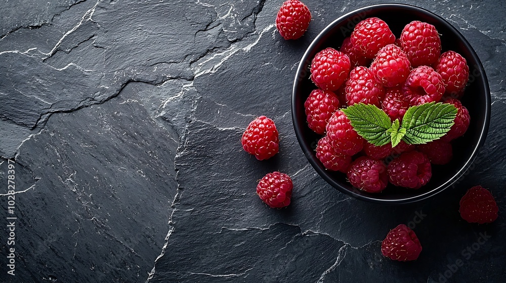 Poster fresh raspberries on a black bowl slate background top view : generative ai