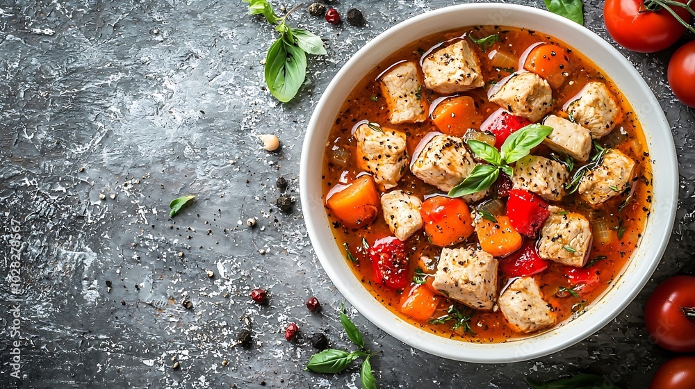 Poster chicken soup with vegetables in white bowl grey stone background copy space : generative ai