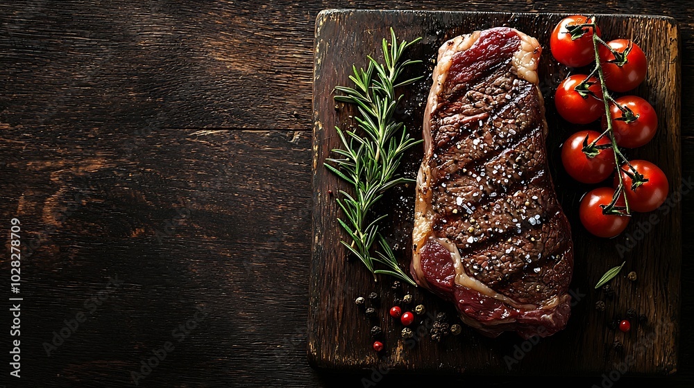 Poster raw fresh meat steak with salt and pepper rosemary and tomatoes on cutting board on dark wooden back