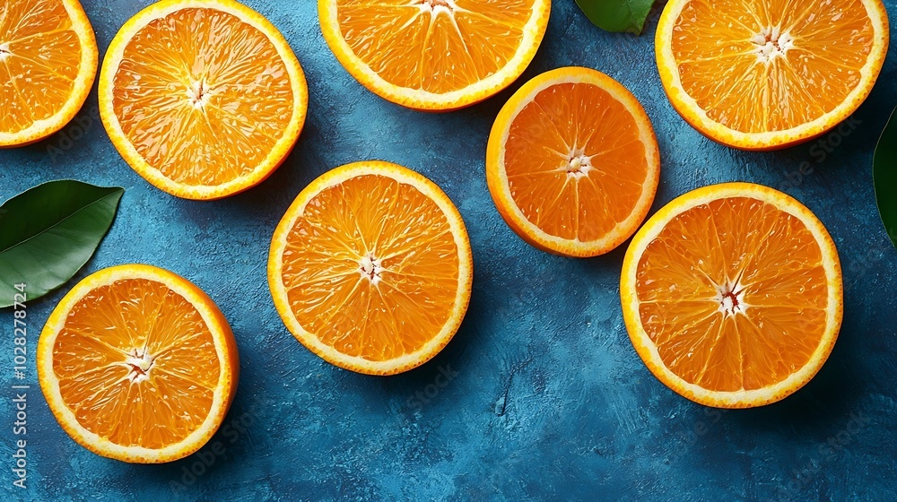 Poster oranges on blue background flat lay composition top view : generative ai