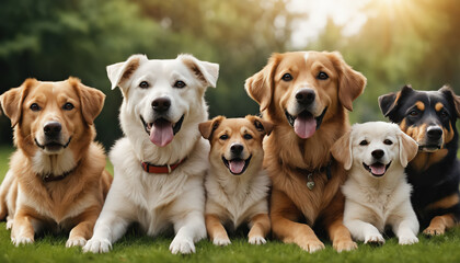 A group of diverse dogs of different breeds sits together in the park and looking at the camera. 