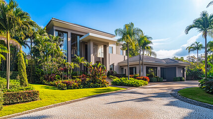 Luxury tropical resort hotel surrounded by lush trees and gardens in a sunny Florida landscape