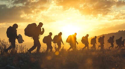 Fototapeta premium Silhouettes of Hikers at Sunset