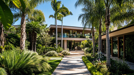 Fototapeta premium Luxury tropical resort hotel surrounded by lush trees and gardens in a sunny Florida landscape