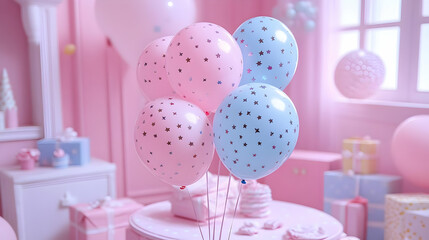 Pink and Blue Balloons with Stars Illustration