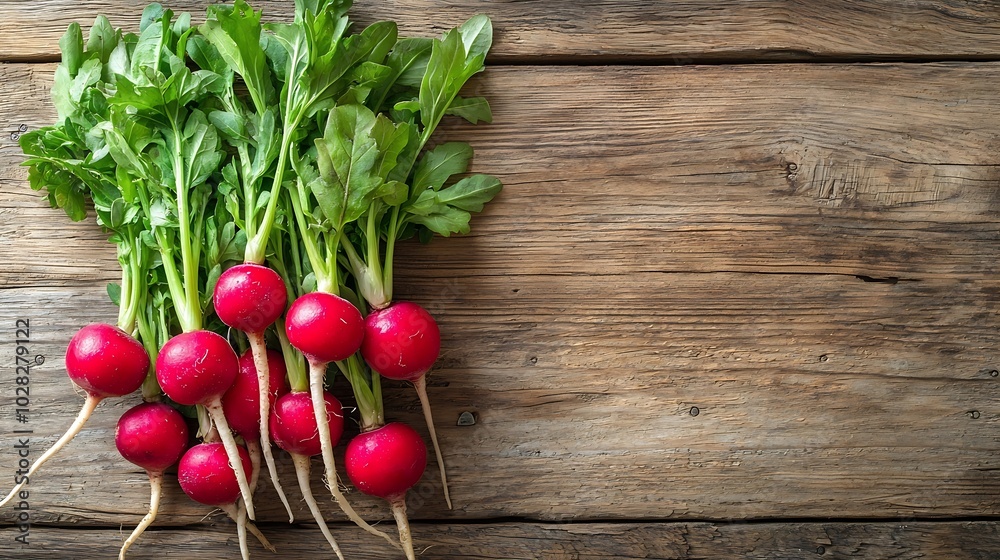 Poster Radish bunch on rustic wooden background Copy space Top view : Generative AI