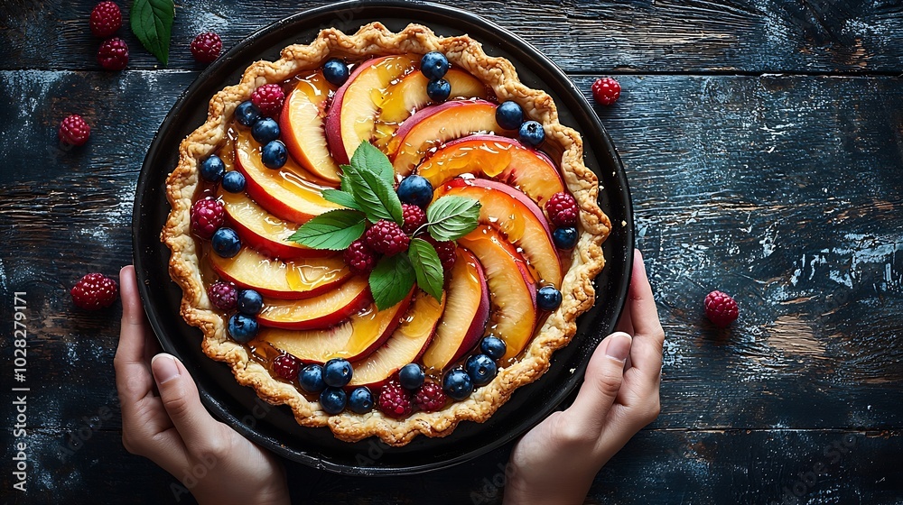 Poster peach galette pie cake with honey and berry on a wooden background top view : generative ai