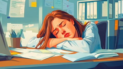 Work Overload. Burnout and Stress in the Corporate World: Overworked Business Woman in Office