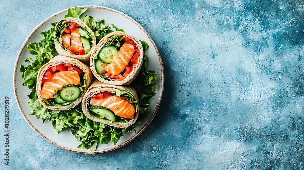 Poster wrap sandwich roll with salmon cucumber salad on a white plate blue background top view : generative