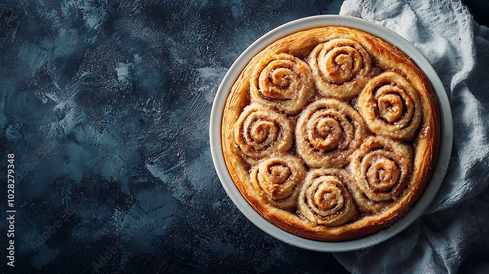 Poster cinnamon rolls buns cinnabons in baking dish grey background copy space top view : generative ai