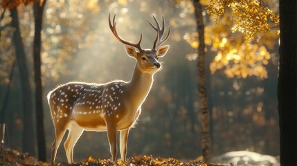 Obraz premium A serene deer stands in a sunlit forest, surrounded by autumn foliage.