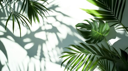 Tropical Leaves Casting Shadows on a White Wall