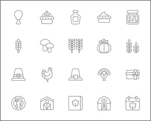 Set of Thanksgiving Icons line style. Contains such Icons as autumn, food, drink, celebration, Pilgrims, decorations, farming, gifts, nature, produce And Other Elements.